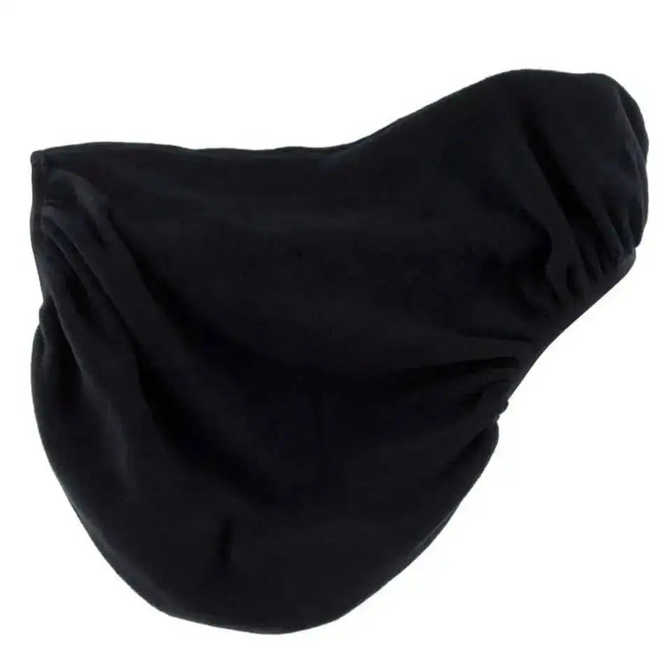 Black fleece saddle cover made from soft fleece by rhinegold protecting your saddle with elastic fit