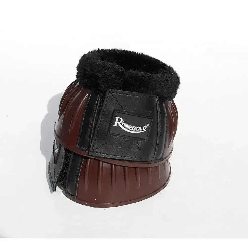 Brown and black rhinegold fleece trim flexi over reach boot with plush lining and natural rubber content