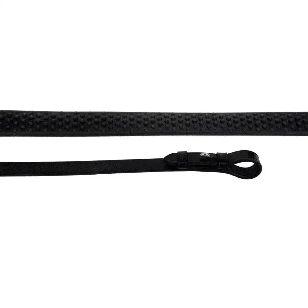 Black textured riding crop with smooth leather handle and silver logo from rhinegold flexible grip rubber reins collection