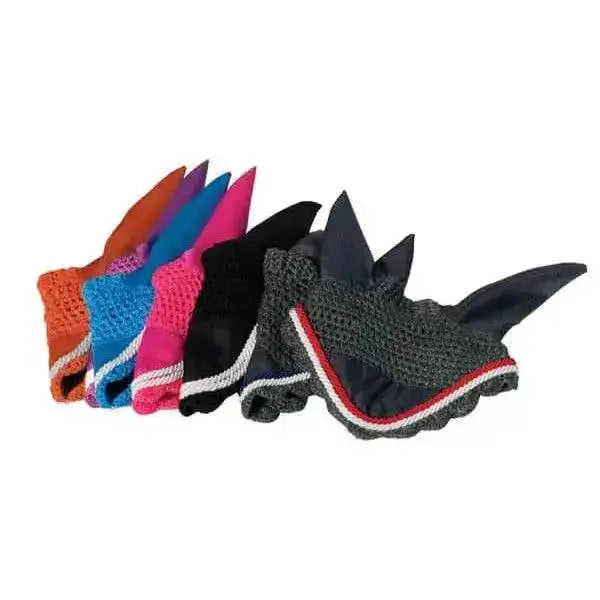 A collection of colorful rhinegold fly veil horse ear bonnets in orange blue pink black and gray to block insects whilst riding