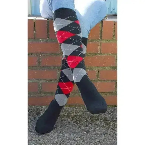 Black red and gray argyle patterned rhinegold fully cushioned sole riding socks perfect for horseback riding
