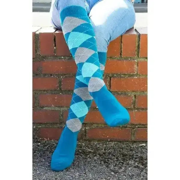 Bright blue rhinegold fully cushioned sole riding socks with light gray argyle pattern and knee-high length