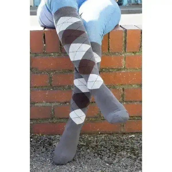 Gray argyle thigh-high cushioned sole riding socks with brown and white diamonds by rhinegold fully cushioned