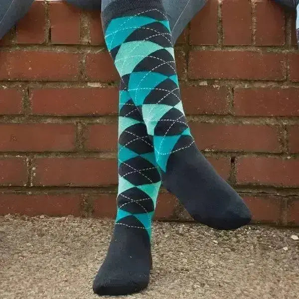 Teal and black argyle patterned rhinegold fully cushioned knee-high riding socks with white stitching and cushioned sole