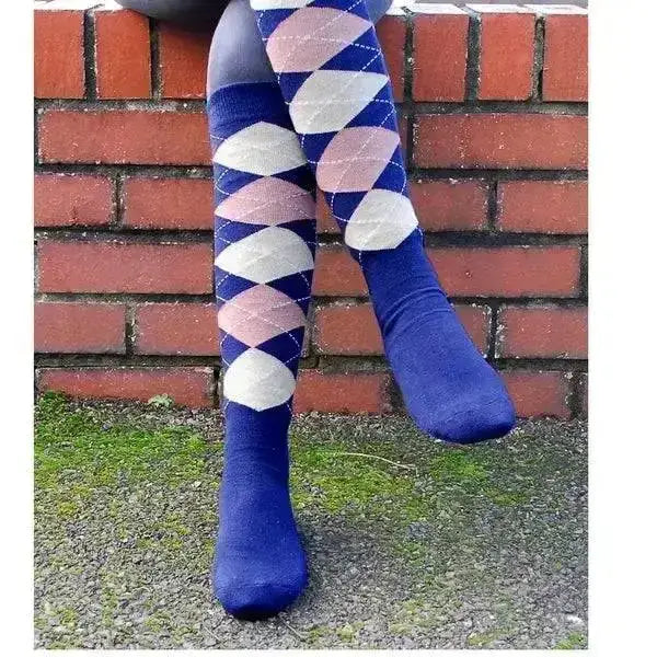 Rhinegold fully cushioned blue argyle knee-high riding socks with pink and white diamond cushioned sole riding socks