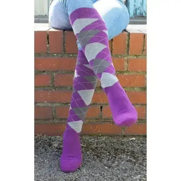 Purple and gray argyle patterned rhinegold fully cushioned knee-high riding socks with cushioned sole for comfort
