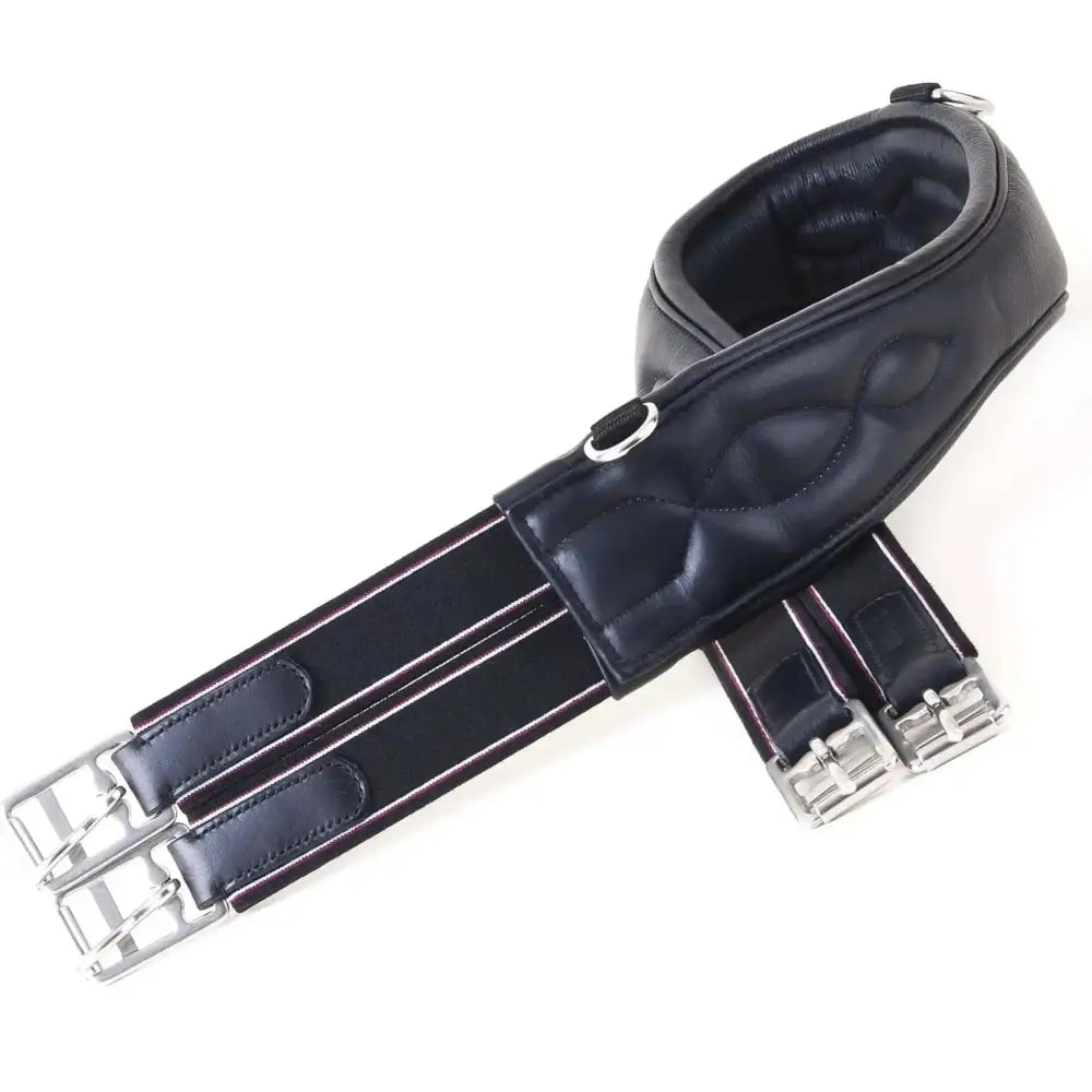 Black leather horse saddle pad with silver buckles and quilted design from rhinegold german leather softee comfort line