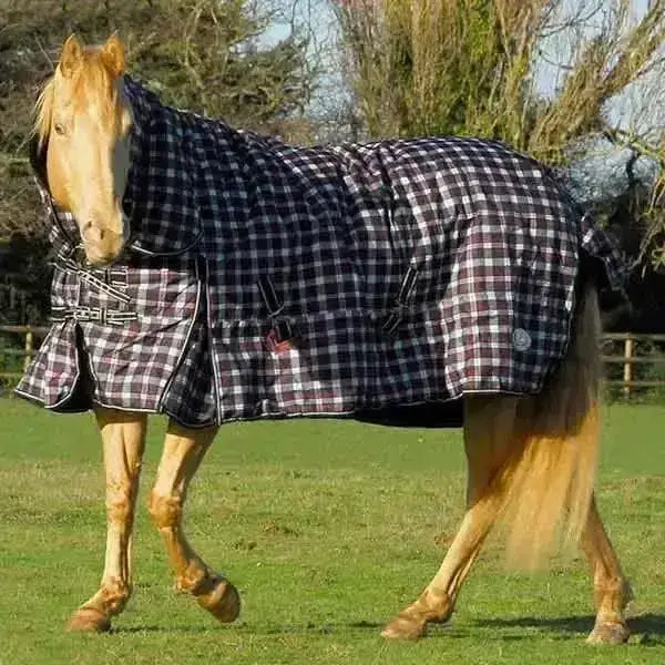 Black and white checkered rhinegold glacier 320g heavy weight turnout rug with padded quilted design full neck