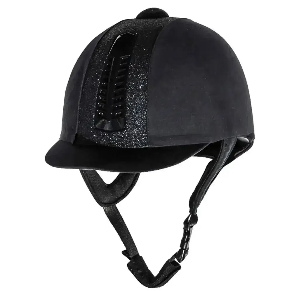 Black rhinegold glitter pro riding helmet with glittery panel, matte finish, adjustable straps, and washable liner