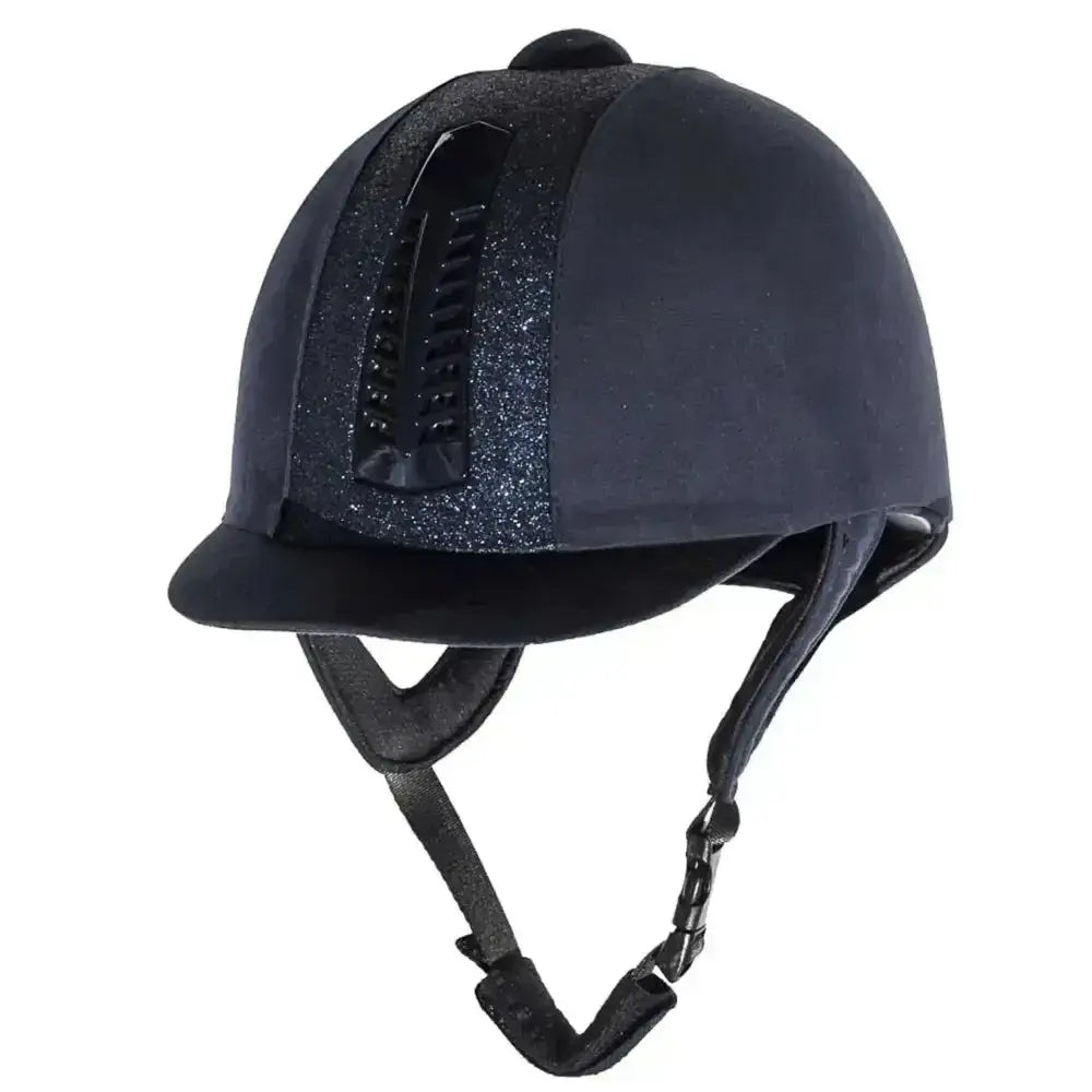 Black rhinegold glitter pro riding hat with glittery panel adjustable straps and washable liner for comfort