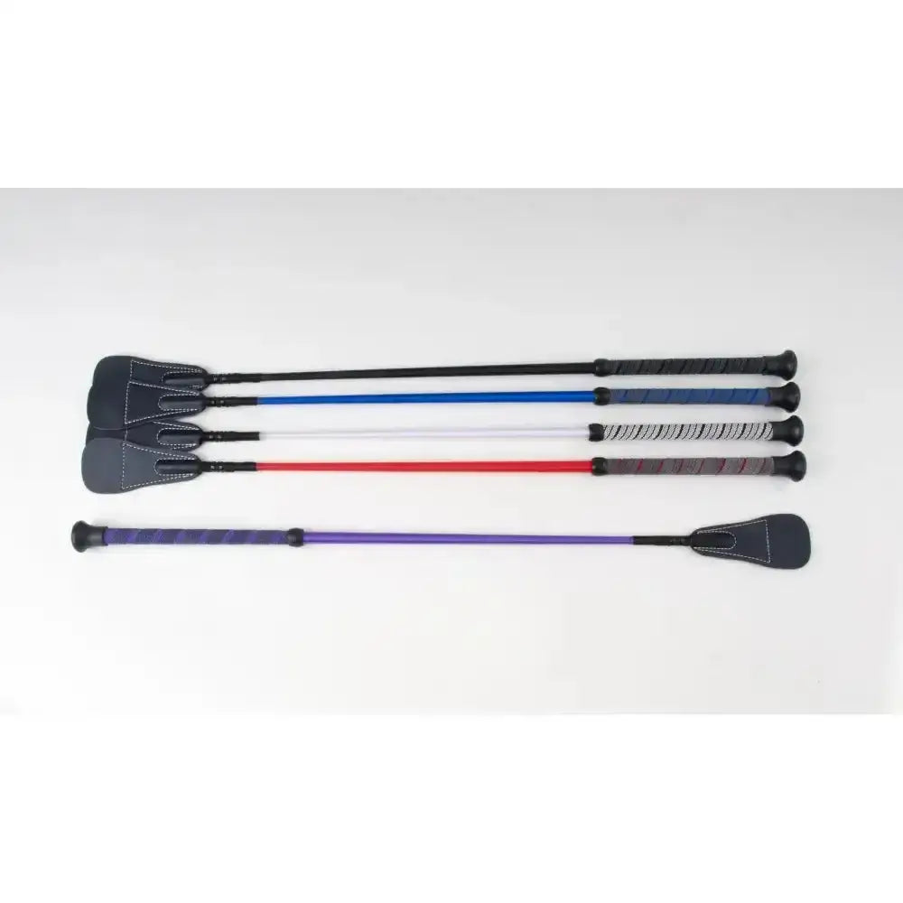 Set of five rhinegold grip handle riding crops with black leather grips and colorful shafts in blue red purple white and gray