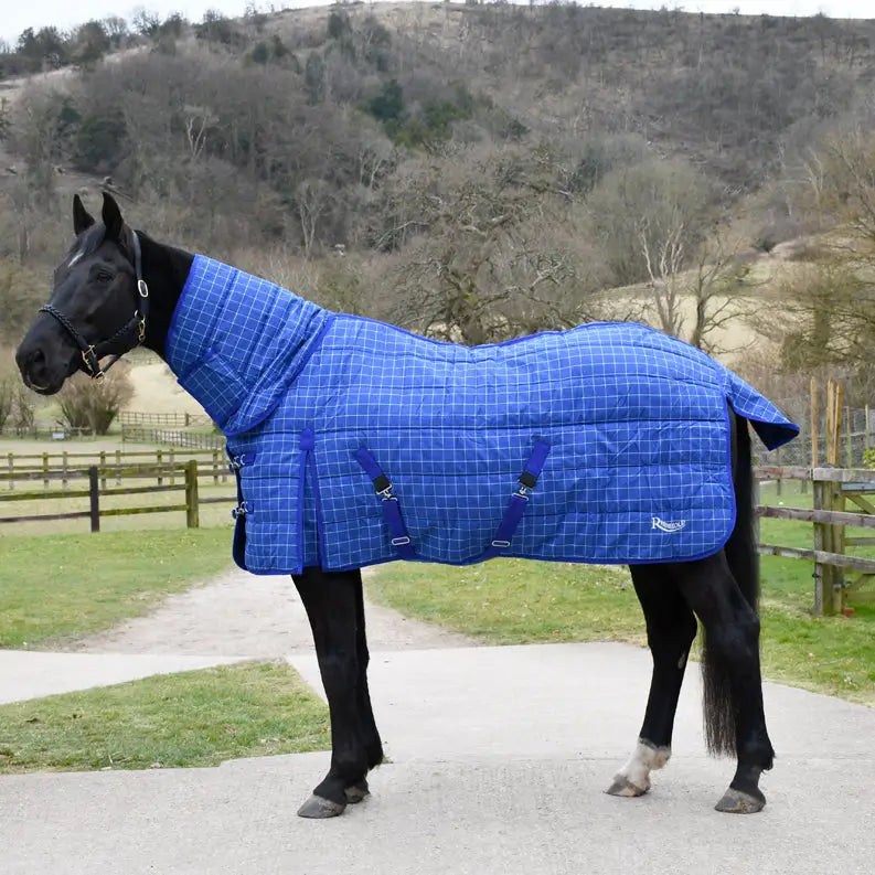 Blue quilted rhinegold heavy weight stable rug with grid pattern and adjustable straps weight stable rug 300gm dakota