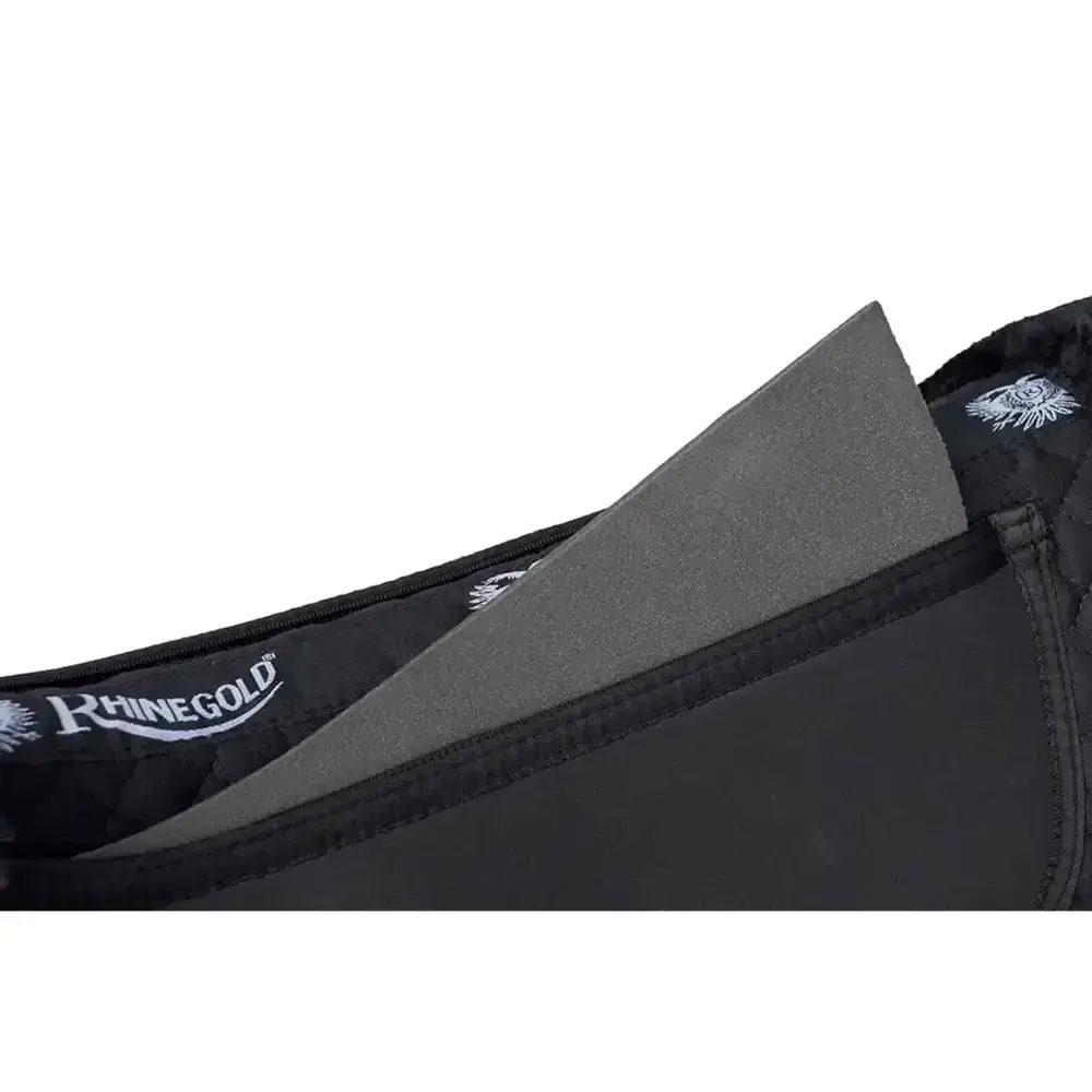 Black rhinegold swim trunks with gray lining and white logo detail for rhinegold interchangeable trimmed corrective half pad use