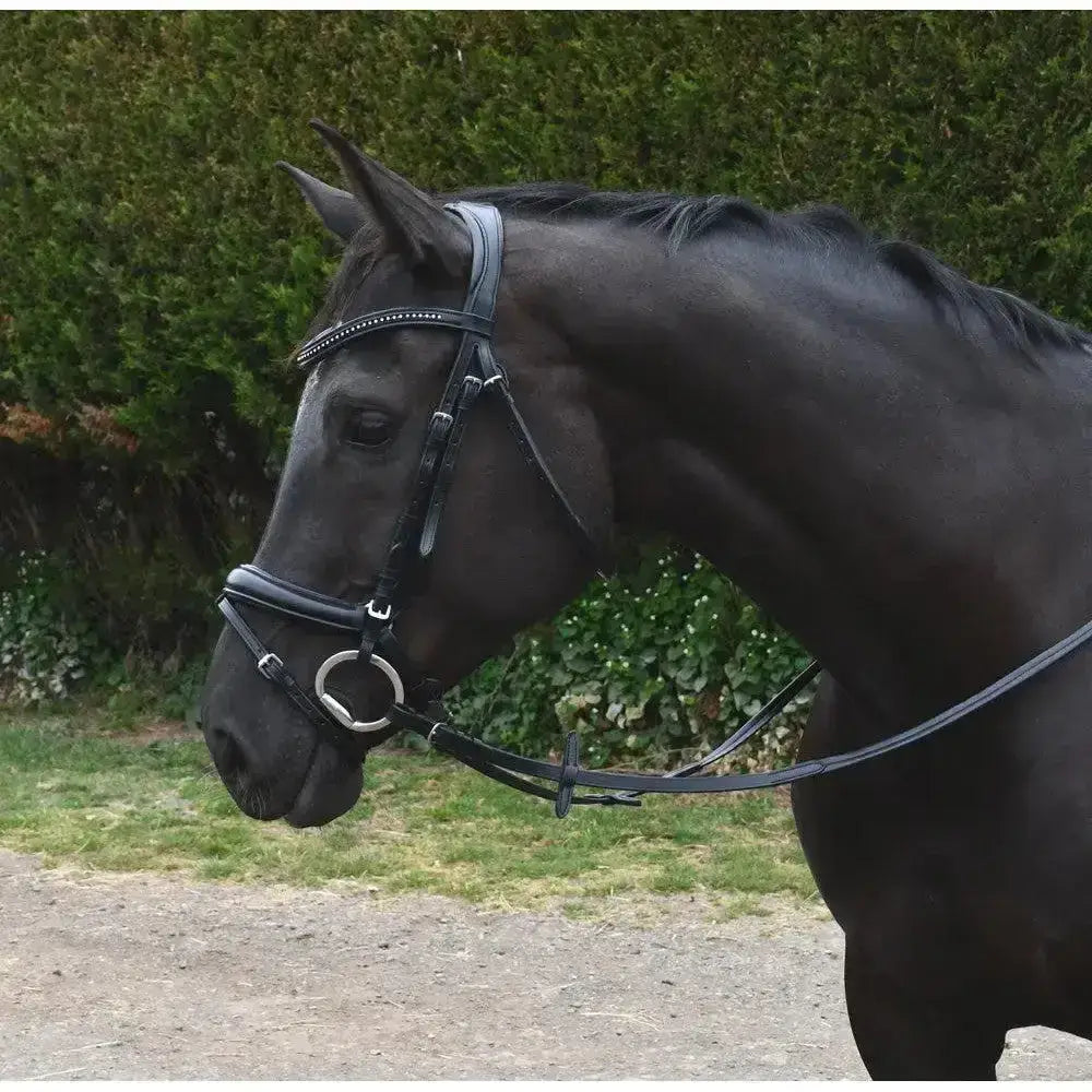 Black leather rhinegold italia anatomical flash bridle with silver hardware and decorative stitching in softest quality leather