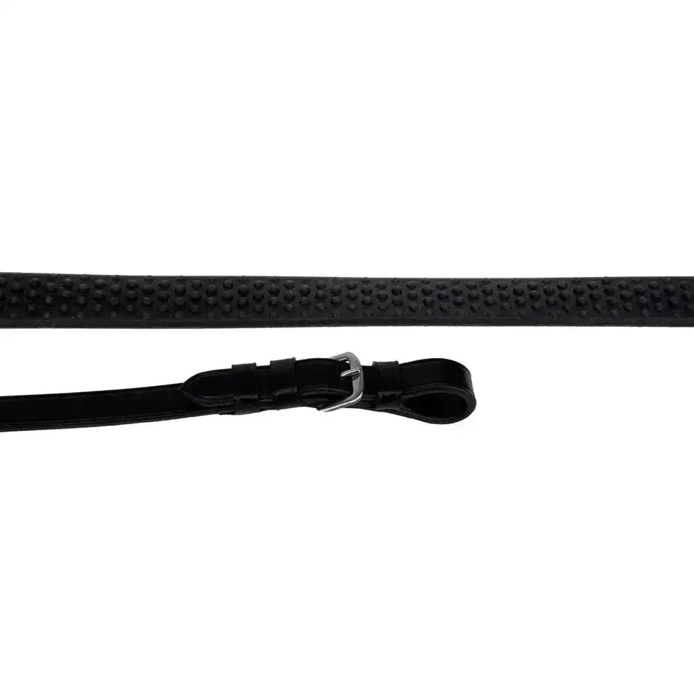 Black textured leather flexible grip Rhinegold italian leather rubber reins with silver buckle and smooth strap detail