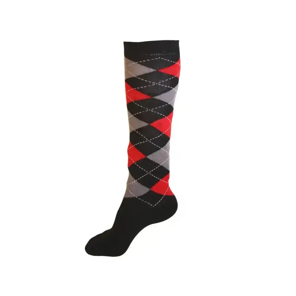Black rhinegold junior cool dry cushioned riding socks with red gray argyle pattern and fully cushioned sole