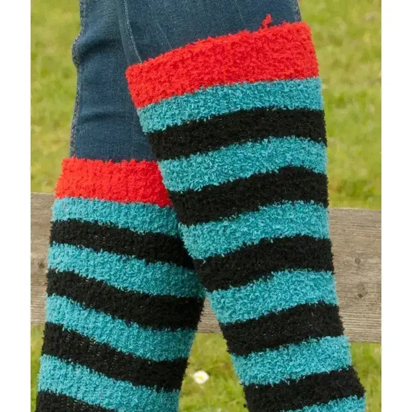 Fluffy striped red black and teal rhinegold junior soft touch knee high socks with bold leg warmers design