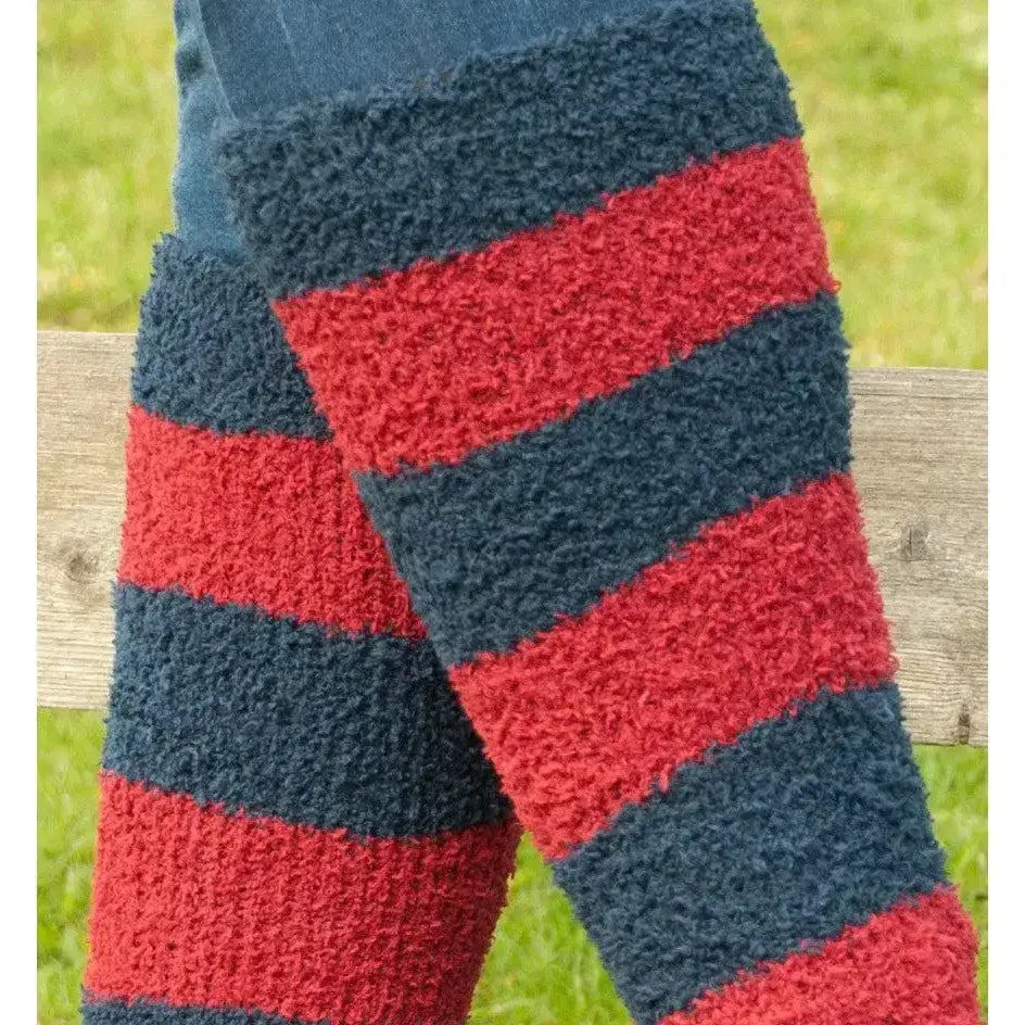Red and navy blue striped plush fleece leg warmers from rhinegold junior soft touch knee high socks collection