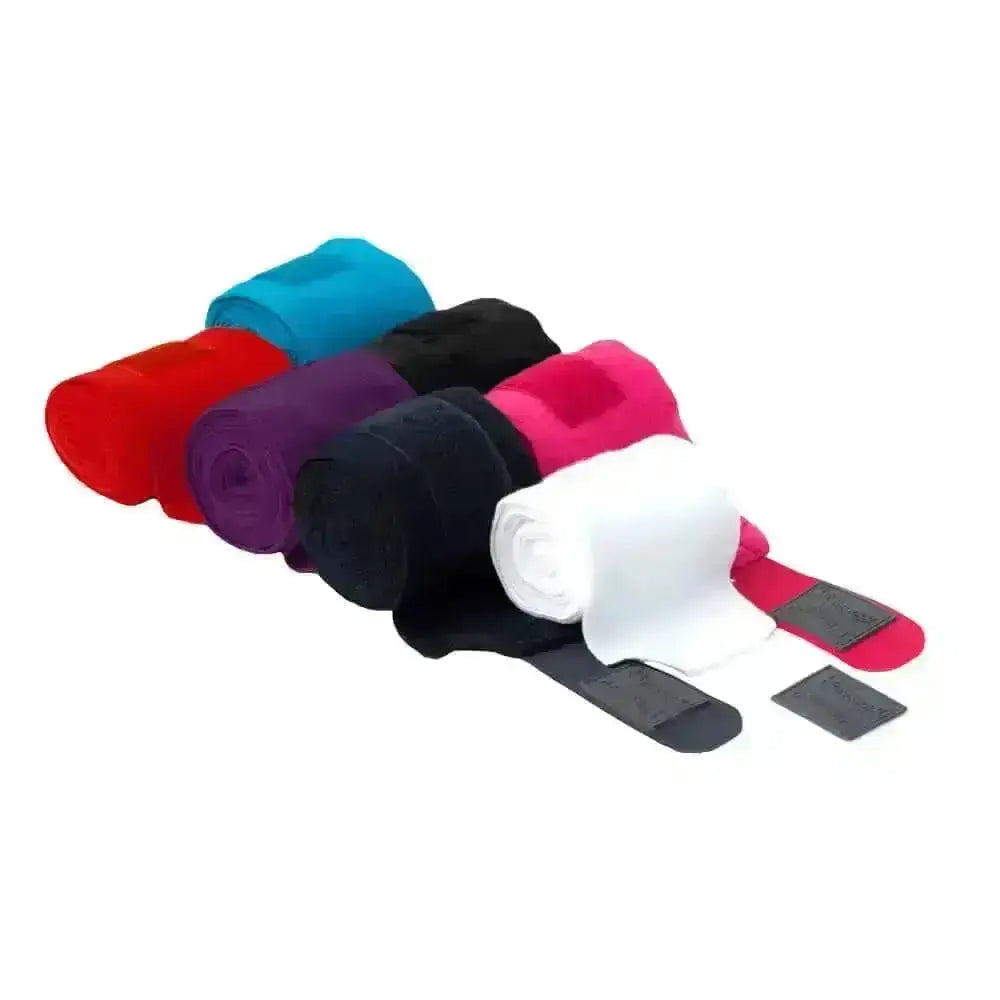 A collection of rhinegold knitted travel and stable bandages in soft colorful fabrics ideal for horse care