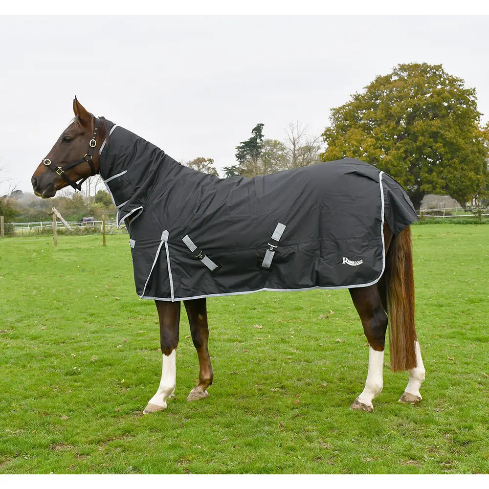 Black waterproof rhinegold konig 200g turnout rug with gray reflective trim and adjustable straps for medium weight use