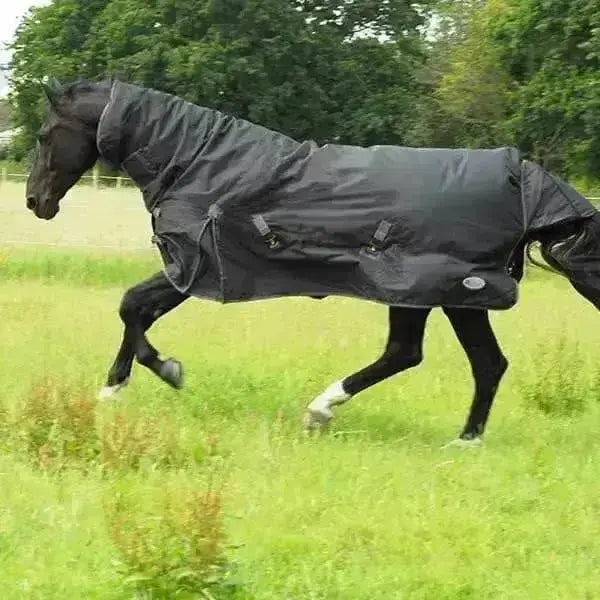 Black rhinegold konig 200g waterproof turnout rug with adjustable straps and reflective patches for medium weight use