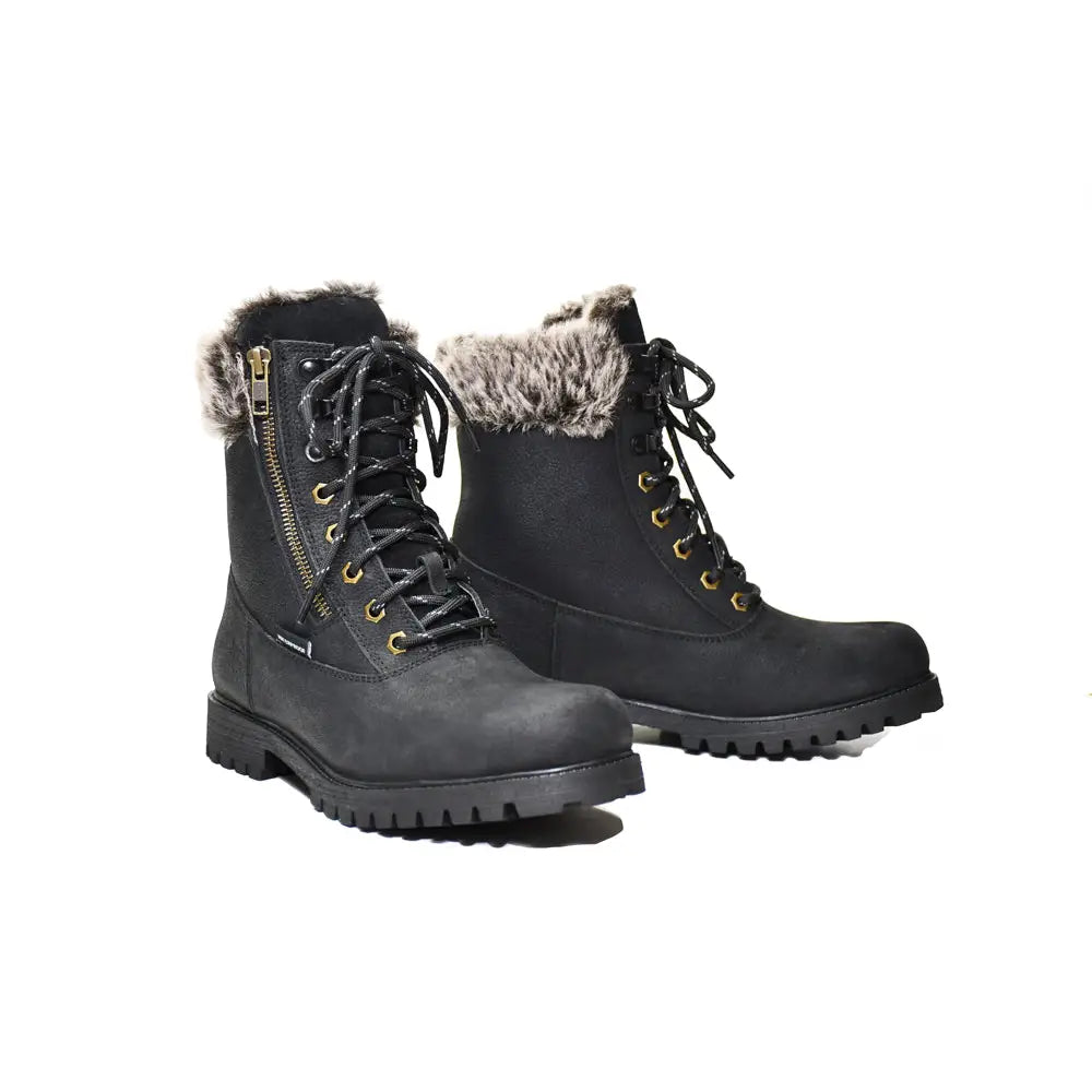 Black leather rhinegold laced waterproof manhattan country boot with faux fur lining and gold-tone eyelets for winter use