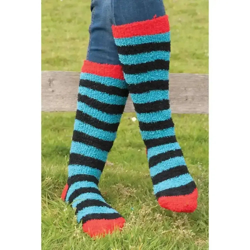 Fluffy rhinegold ladies soft touch knee high socks with turquoise black stripes and vibrant red cuffs and toes