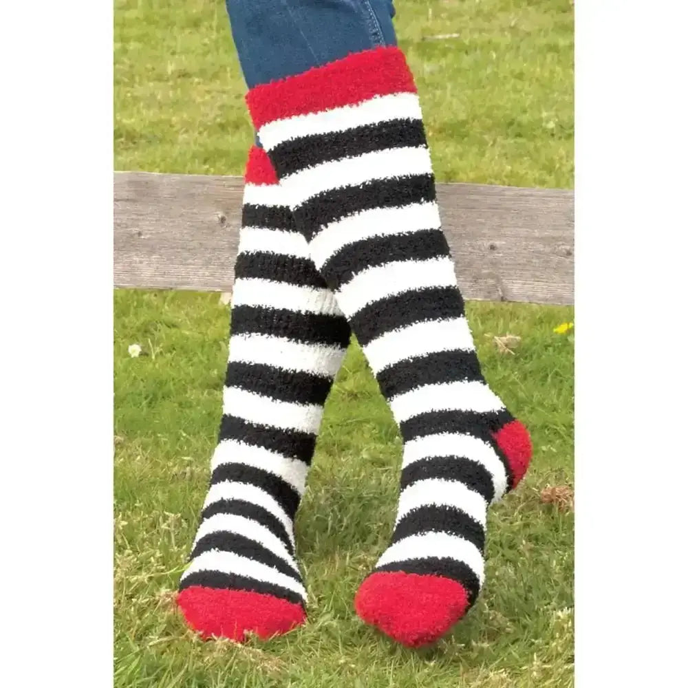 Black and white striped rhinegold ladies soft touch plush knee high socks with red cuff and toe accents