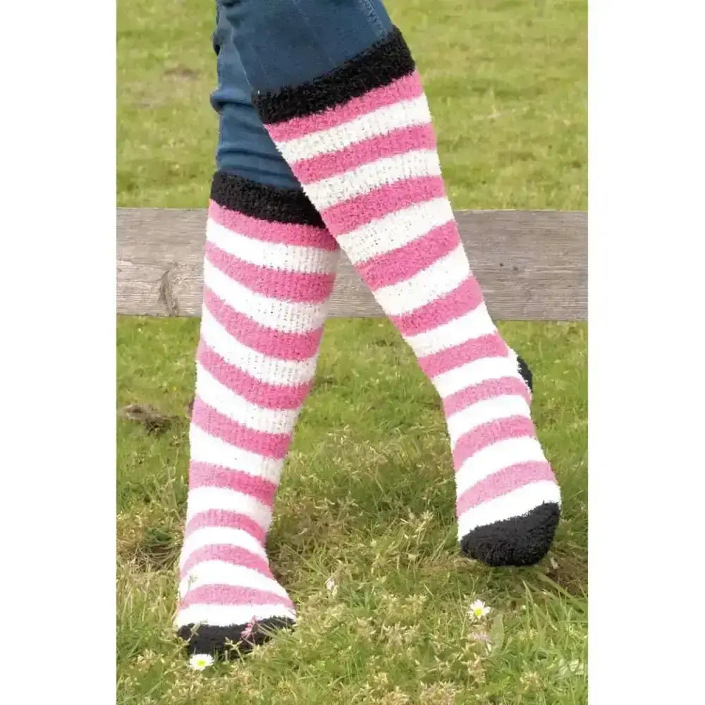 Pink and white striped fuzzy knit rhinegold ladies soft touch knee high socks with black cuffs and toe tips