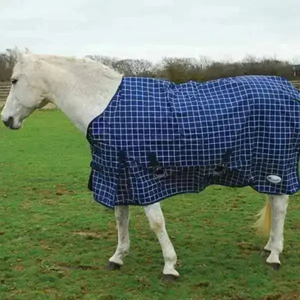 Blue and white checkered rhinegold lightweight turnout rug atlanta 0g horse fleece lined with black straps