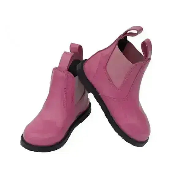 Rhinegold little ones pink jodhpur boots in pink leather with black soles and style traditional elasticated pull tabs