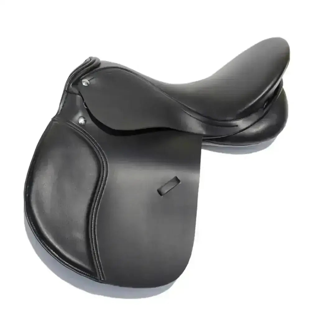 Black leather rhinegold london synthetic general purpose saddle with sleek stitching and medium fitting tree