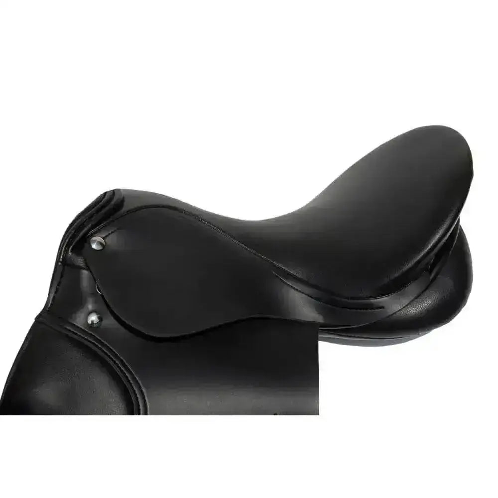 Black leather rhinegold london synthetic general purpose saddle with medium fitting tree and silver rivets