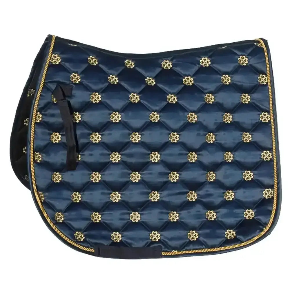 Navy blue quilted rhinegold lucky clover satin saddle pad with gold four-leaf clover and matching gold rope trim