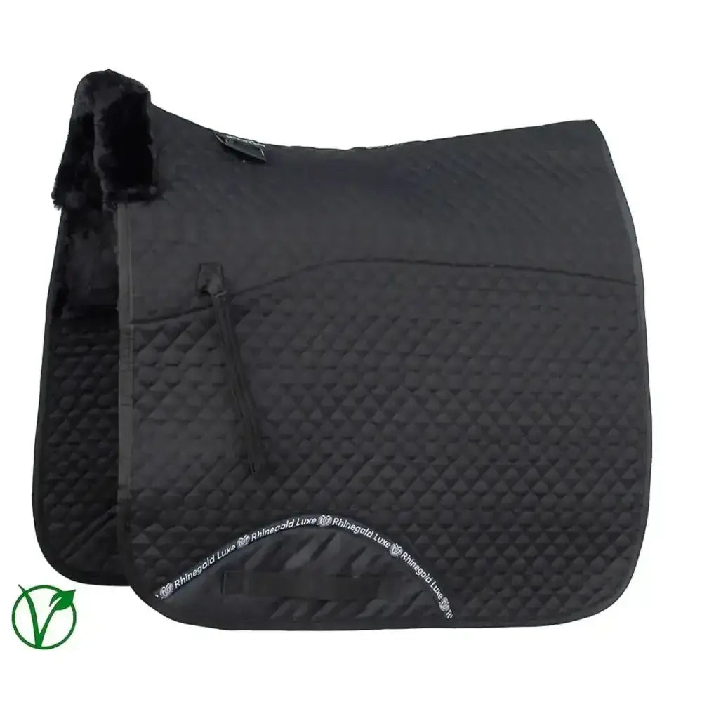 Black rhinegold luxe fur dressage saddle cloth with quilted texture and plush fleece lining for dressage saddles