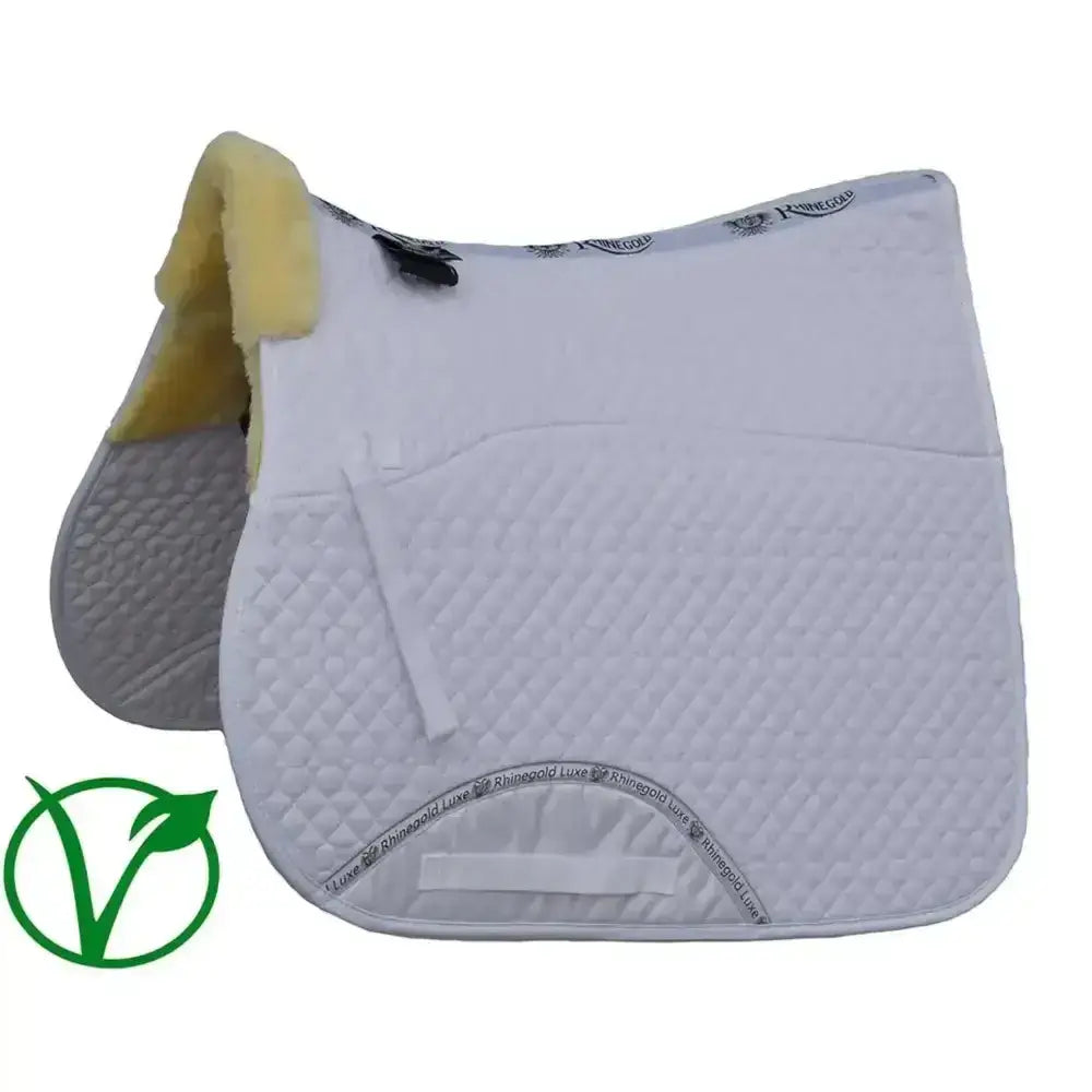 White quilted rhinegold luxe fur lined saddle cloth with yellow fleece lining and gray rubberized underside