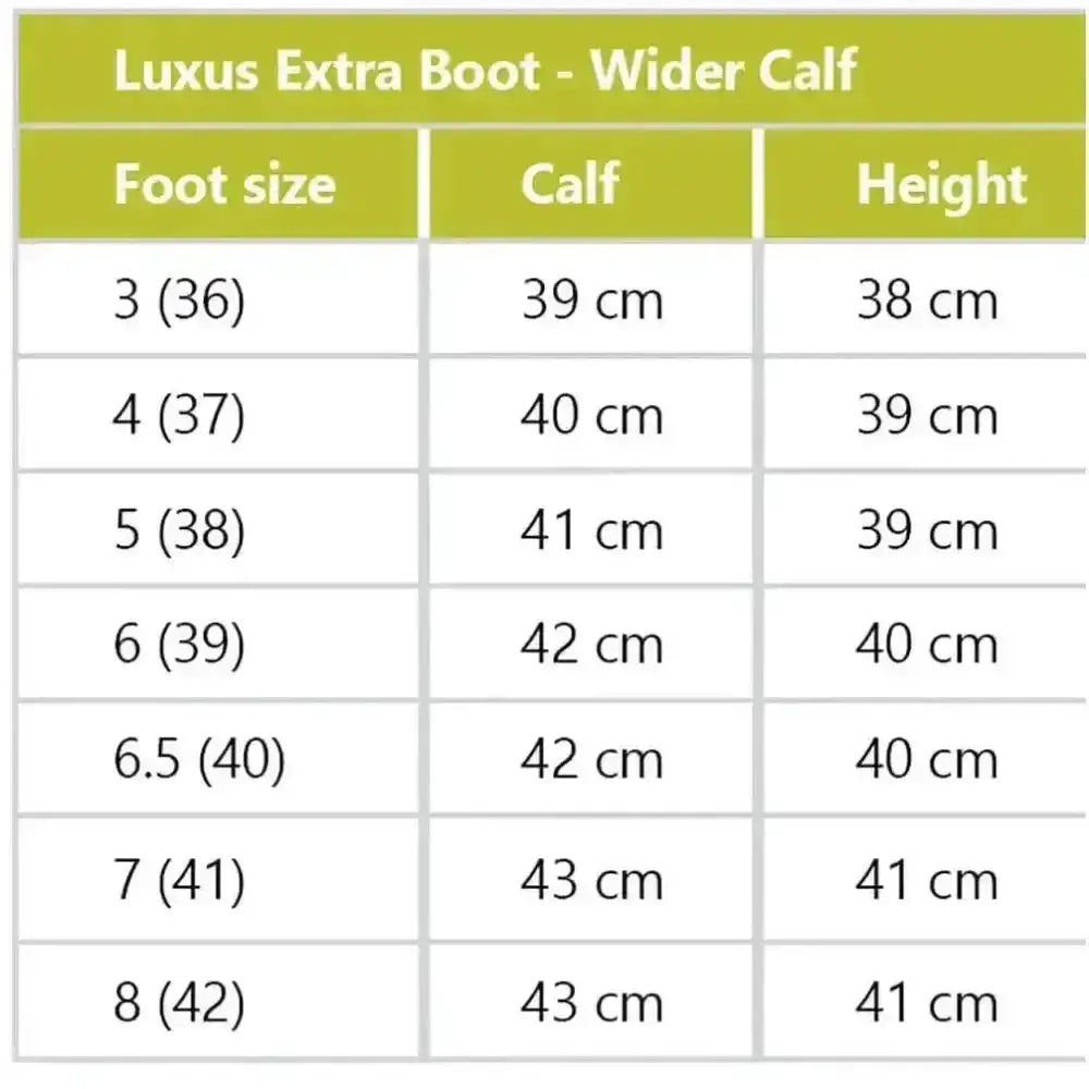 Rhinegold luxus extra wide calf riding boots brown size chart showing foot calf and height measurements