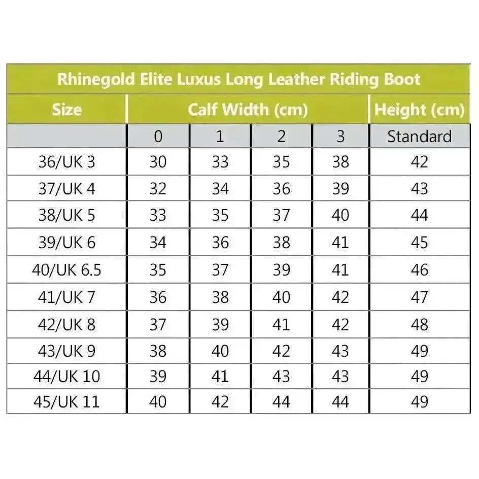 Rhinegold elite luxus long leather riding boot size chart showing uk and us measurements for black luxus long riding boots