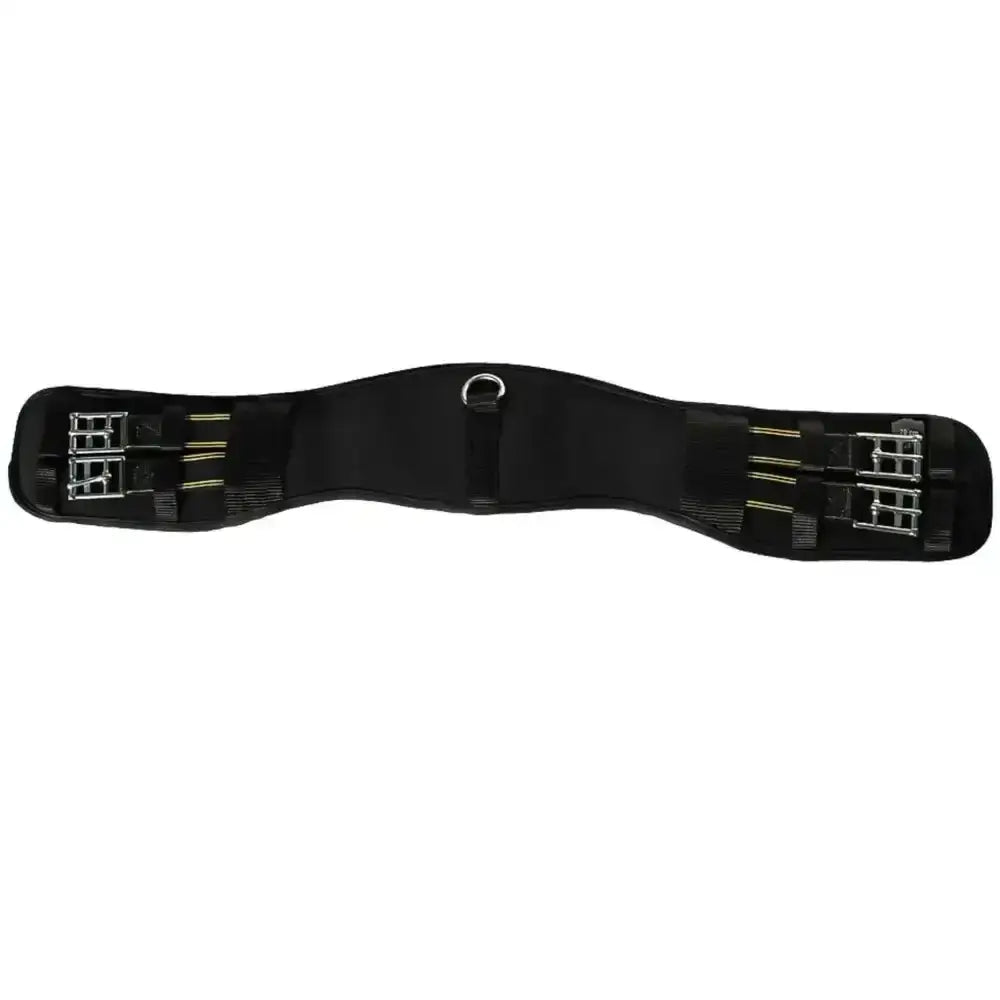 Black horse saddle pad with silver metal buckles and central d-ring for rhinegold memory foam dressage girth