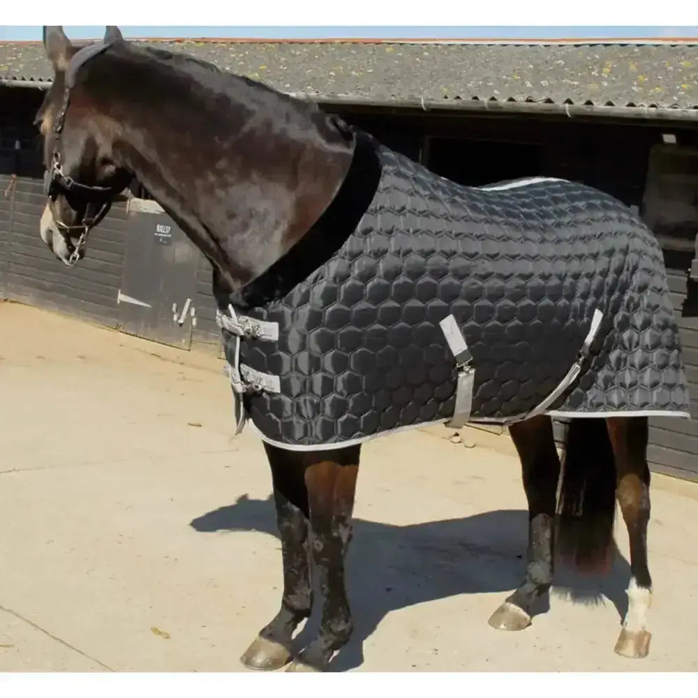 Black quilted horse blanket with hexagon pattern and silver buckles rhinegold michigan hexagon stable rug