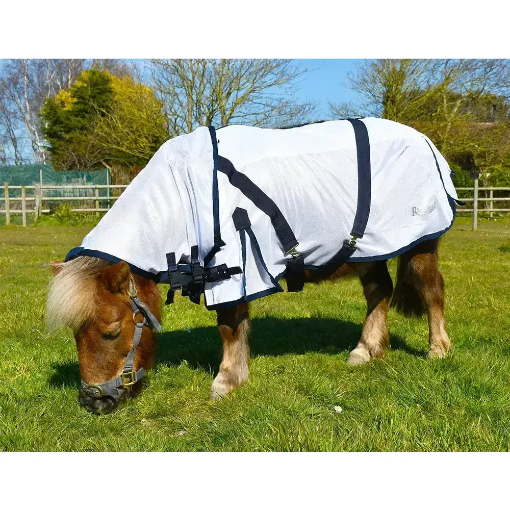 White Rhinegold mini fly rug with detachable neck cover navy trim and adjustable straps for horse protection