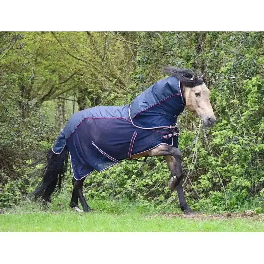Navy blue rhinegold mombasa waterproof topline fly rug with pink and white trim and neck cover for horses