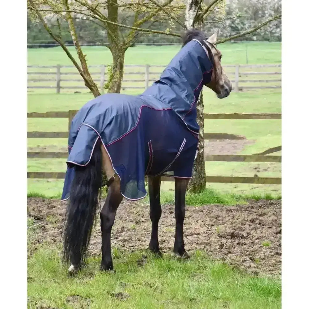 Navy blue rhinegold mombasa waterproof topline fly horse blanket with mesh panels pink trim and neck cover visible from back