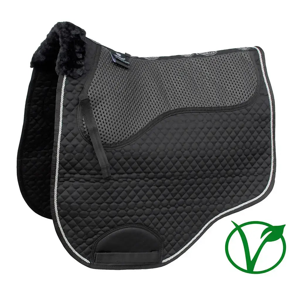 Black quilted Rhinegold non-slip gel saddle cloth with mesh panel and faux fur saddle trim for shock absorbing use