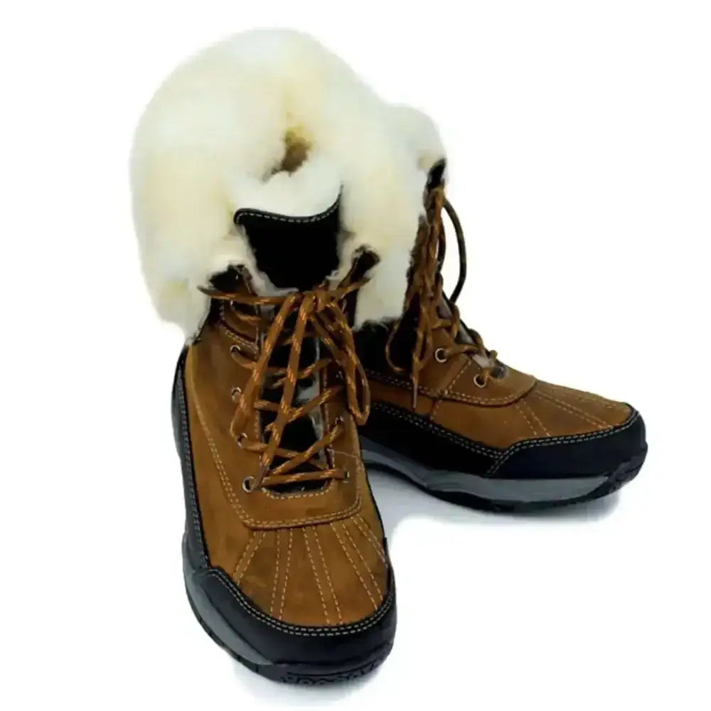 Brown suede rhinegold original arctic winter boots with black rubber soles and luxurious fleece lined interior