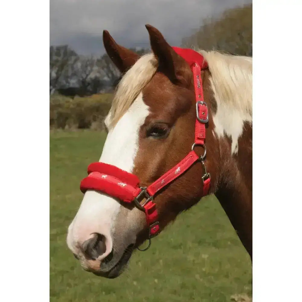 Red leather rhinegold padded logo headcollar with silver horse logo and fully adjustable headpiece featuring white embroidery