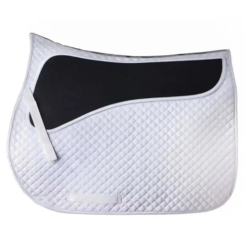 White quilted rhinegold pressure pad saddle cloth with black central panel and silver trim for horses
