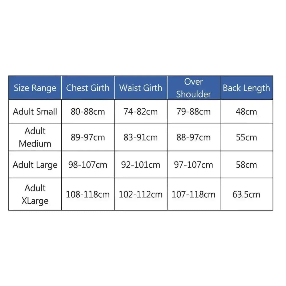 Size chart for rhinegold prestige zip front adult body protector beta showing chest waist shoulder and back measurements in cm