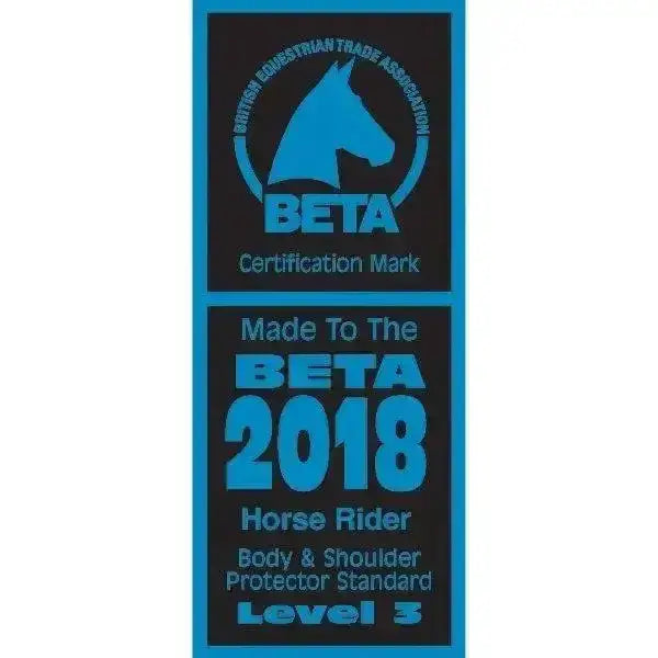 Blue and black beta 2018 certification mark on rhinegold prestige zip adult body protector beta level 3 standard