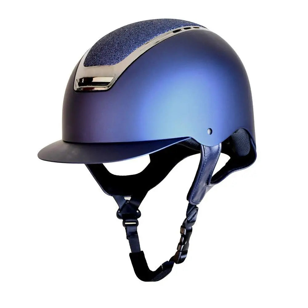 A rhinegold pro carbon riding helmet in gradient blue with a high shine accent stripe and textured fabric panel